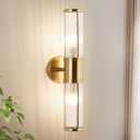 Modern Brushed Brass Vanity Light Fixture - Dual Glass Rods Wall Sconce for Bathroom, Double Light Socket E12 Candelabra Base, Mirror Vanity Lighting (Bulbs Not Included) (19.69 inch)