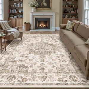 10x12 Neutral Area Rug Brown Vintage Living Room Bedroom Washable Carpet Non-Slip Soft Low Pile Farmhouse Indoor Large Throw Rug for Dining Room Office