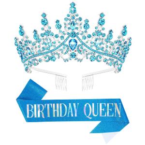 Birthday Tiara Crown with Sash for Women, Headband Hair Accessories for Wedding Party Costume (A-Blue)