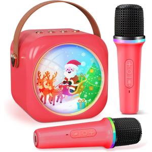 Karaoke Machine for Kids with 2 Wireless Microphones,Girls Speaker with Christmas Colorful LED Lights,Birthday Gift for 3-12 Years Old,Portable Toys for Home Party