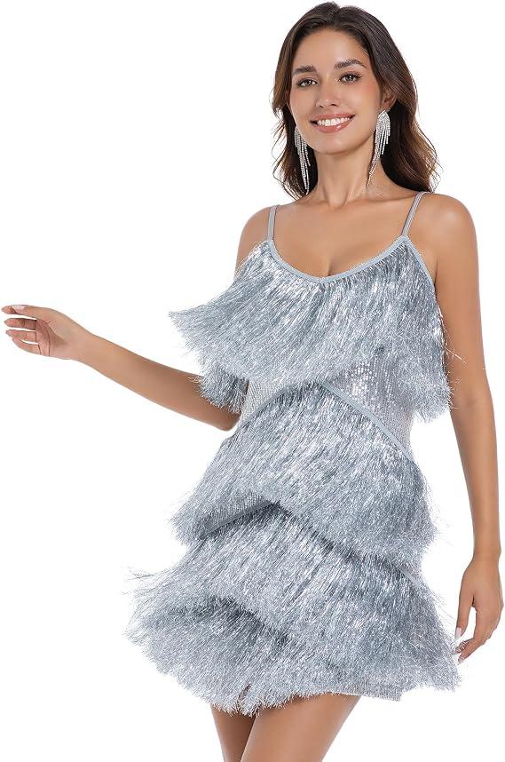 Tinsel Fringe Dress - Sexy V Neck Tinsel Tassels Sequin Bodycon Mini Strap Dress Birthday Prom Cocktail Party Club Night for Women Silver L