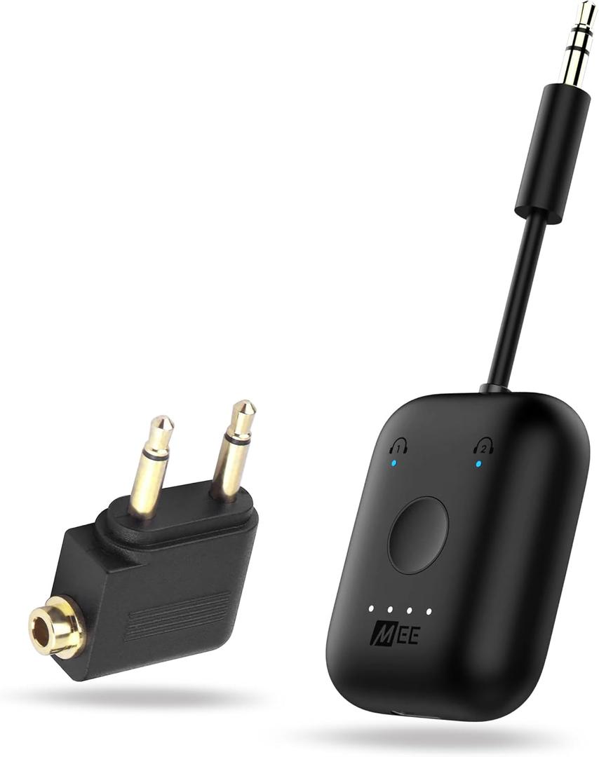 MEE Audio Connect Air in-Flight Bluetooth Wireless Audio Transmitter, with Extra Dual 3.5mm Jack AUX Adapter, for up to 2 AirPods/Other Headphones; Works with All 3.5mm Aux Jacks, Black