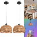 Battery Operated Pendant Light with Remote,Battery Hanging Light Rattan Woven Chandelier No Wiring Needed,Rechargeable Light Bulb 50+Hours Continue Use,Perfect for Kitchen Islands Ceiling Lighting (Brown)