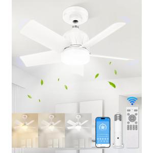 VOLISUN Socket Fan Light with Remote, Socket Ceiling Fan with Dimmable Led Light Bulb, 3CCT, 1500 Lumen Light Socket Fan, Screw in Small Ceiling Fan for Bedroom, Kitchen, Living Room, Garage(White)