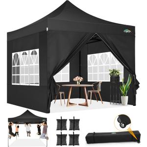 COBIZI 10x10 Pop Up Canopy with Sidewalls Heavy Duty Party Tent with Removable Awning Easy Up Outdoor Canopy Wedding, All Season Windproof&Waterproof with Roller Bag UPF 50+, Black