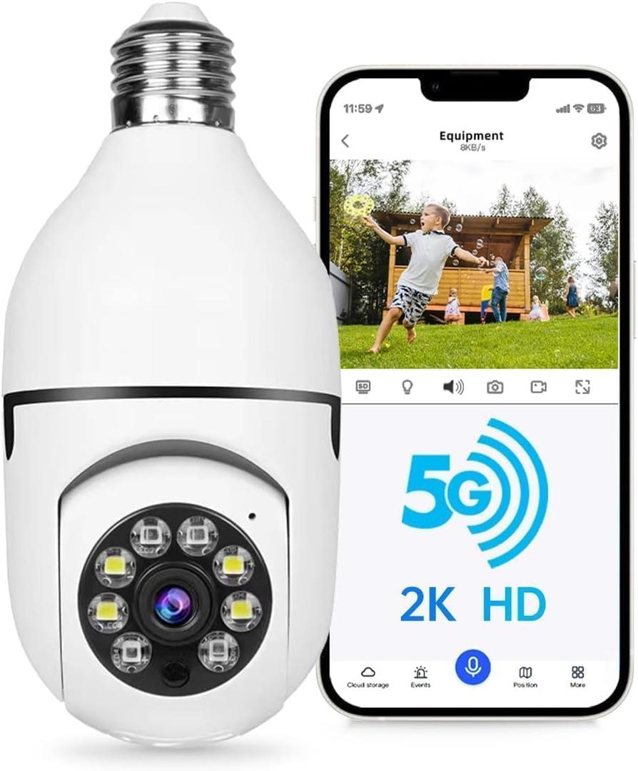 Light Bulb Security Camera, 5G& 2.4GHz WiFi 2K Security Cameras Wireless Outdoor Motion Detection and Alarm,Two-Way Talk,Color Night Vision,Human Detection, Camera Light Bulb Easy to Install