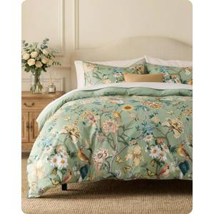 Bedsure Floral Duvet Cover King Size - 100% Cotton Reversible Flowers and Birds Pattern Duvet Cover Set, 3 Pieces Soft & Breathable PureWoven Bedding Set with 2 Pillow Shams (Green Garden, 104"x90")