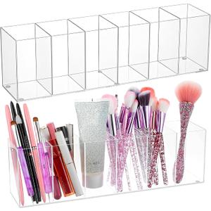2 Pcs Acrylic Pen Holder 6 Compartments Makeup Brush Stationery Organizer Pencil Holder for Accessories Cosmetic Brushes Office Bathroom Kitchen Supplies,Clear