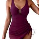 B2prity Women's Mesh One Piece Swimdress Swimsuit Tummy Control V Neck U Ring Bathing Suit Drawstring Sarong Swimwear (X-Large, Wine Red)