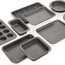 Ninja B39010 Foodi NeverStick Premium 10-Piece Bakeware Sheet Set, Oven Safe up to 500F, with (2) Baking Sheets, Cookie Sheet, Loaf Pan, Muffin Pan, (4) Cake Pans & Cooling/Roasting Rack, Grey