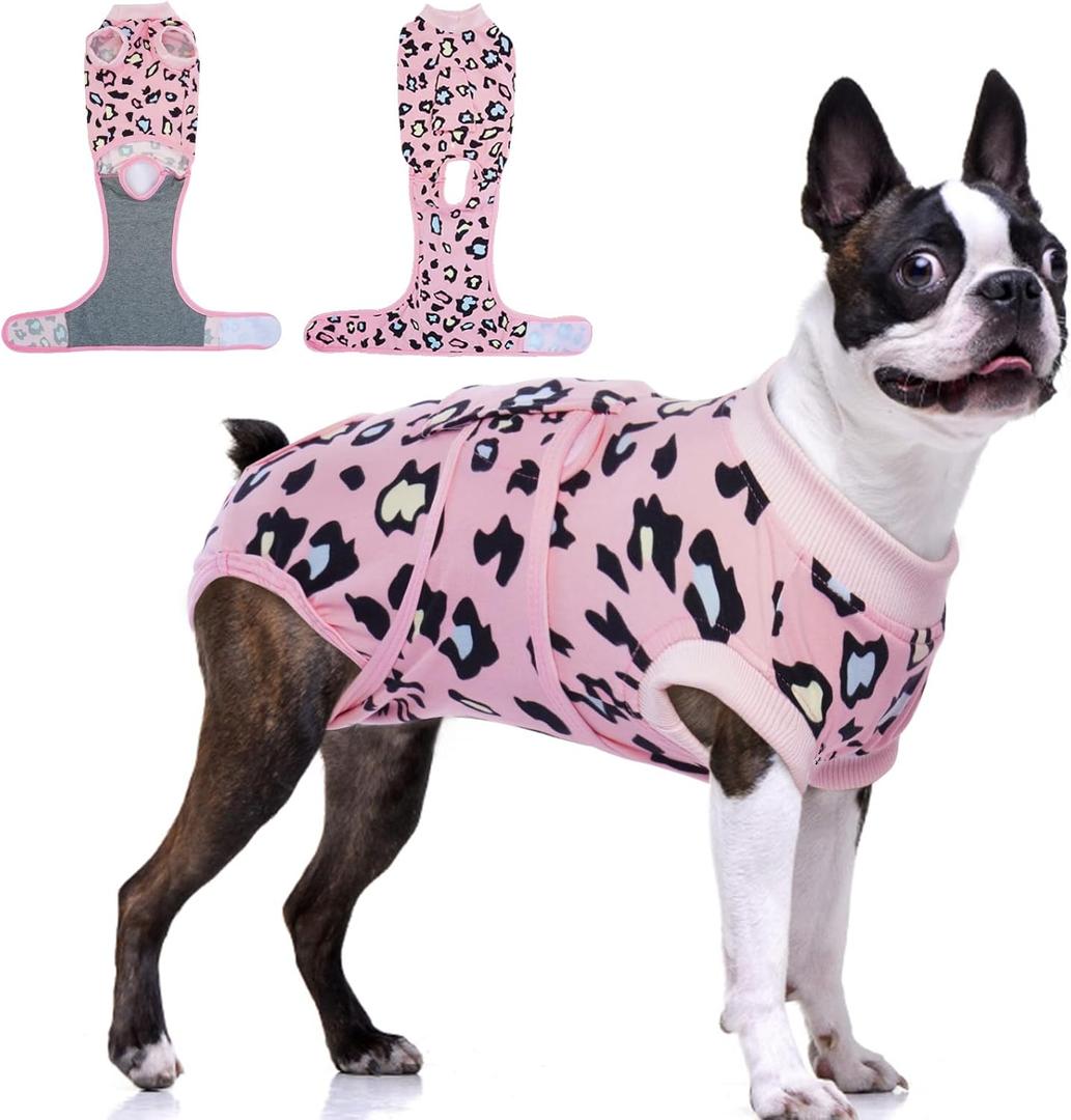 FUAMEY Recovery Suit for Dogs After Surgery,Soft Breathable Dog Bodysuit E-Collar & Cone Alternative Surgical Suit,Male Female Dog Neuter Spay Suits Anti Licking Wounds Onesie Pink Leopard L (L(Back:16.1-20.1in,WT:23-48lbs))