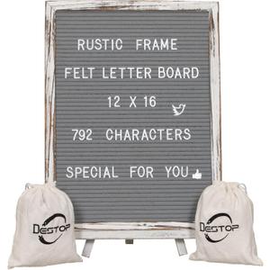 Felt Board With Rustic Vintage Frame and Stand 12x16 Inch, Grey Changeable Message Board Includes 792 Letters, Numbers and Symbols, Hook to Hang, 2 Canvas Bags