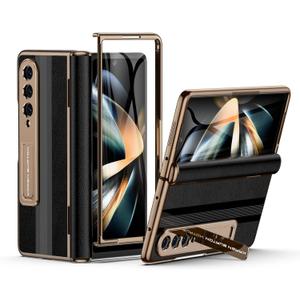 for Samsung Galaxy Z Fold 4 Phone Case [Luxury Premier Genuine Leather][Full Body Hinge Protection][Built-in Screen Protector][Kickstand Drop Proof Protective Cover] for Z Fold4 Black