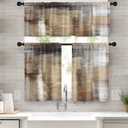 Brown Kitchen Window Curtains Valance and Tier Set 36 Inch, Grey Beige Modern Rod Pocket Short Tier Curtain, Abstract Art Small Cafe Drapes for Kitchen Decor