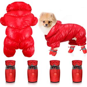 Winter Puppy Warm Coat and Shoes Set Dog Snow Jacket Waterproof Pet Snowsuit Full Body Puffer Jacket Vest Boots Paw Protectors with Reflective Strap for Small Dog Puppy Outdoors Walking