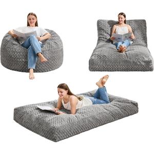 Hobestluk Bean Bag Chair Convertible Beanbag Chairs for Adults, 3 in 1 Bean Bags with Plush Chevron Cover, Adult Bean Bag Chair for Living Room, Bedroom (Grey, Twin)