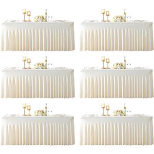 6 Pack 8ft Ivory Spandex Table Cloths for Rectangle Tables Wrinkle Free Ivory Rectangle Tablecloths, Stretch Fitted Table Cover with Skirt for Wedding Birthday Party Banquet Baby Shower Buffet Event
