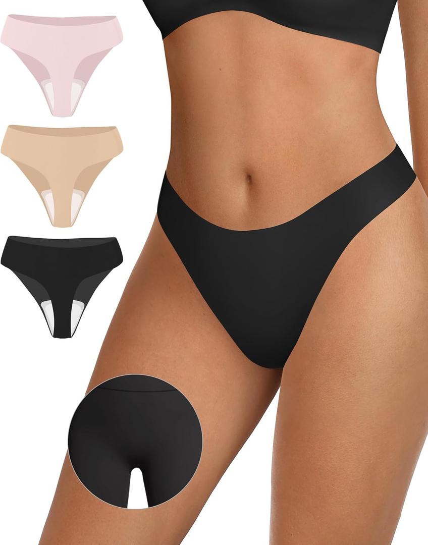 OEAK Seamless Thongs for Women Invisible Thongs No Show Thong Panty Liners Tangas Comfortable Workout G-Strings Underwear (Medium, 1*black+1*skin Nude+1*peach Pink) Pack of 3