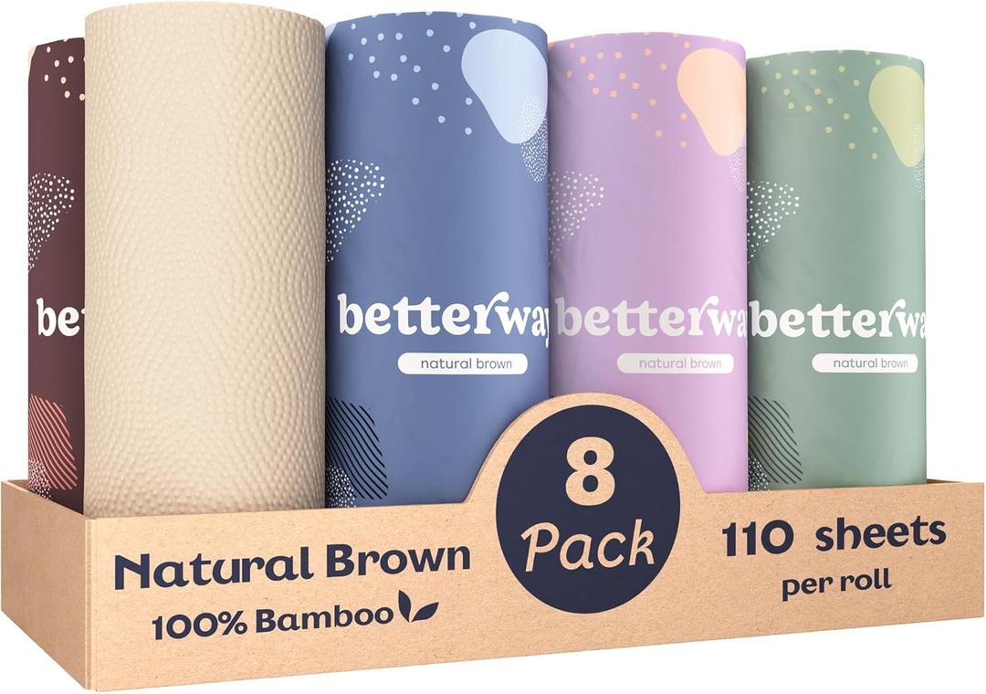 Betterway Bamboo Natural Brown Paper Towels - 8 Rolls, 2 Ply, 110 sheets - Plastic Free, PFAS Free, Disposable Kitchen Paper Towels - Select Size, Tree Free, Compostable, Strong & Absorbent