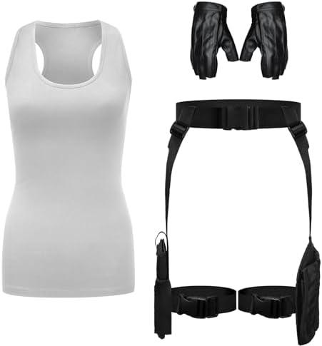 Kathfly 3 Pcs Halloween Thigh Holsters Costume for Women Leg Thigh Gun Holster Drop Adjustable Universal Pistol Holster Holder with Magazine Pouch Racerback Crop Tank Top Leather Gloves 3XL