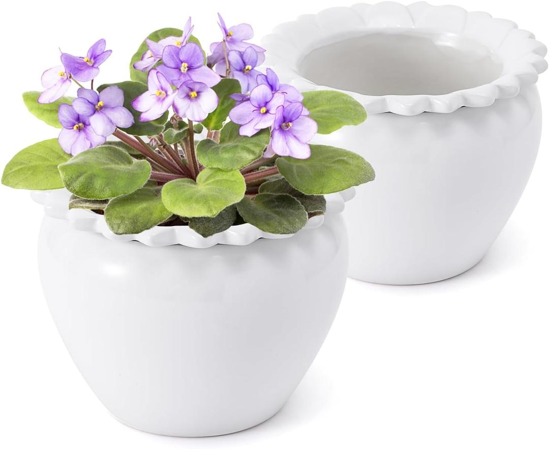 2pcs 6.5 * 4.6 * 4 inch White African Violet Flower Pot Ceramic Self Watering Flower Pot Simple Plant Self Watering Pot Indoor Flowers High Absorption Herbaceous Flower Pot
