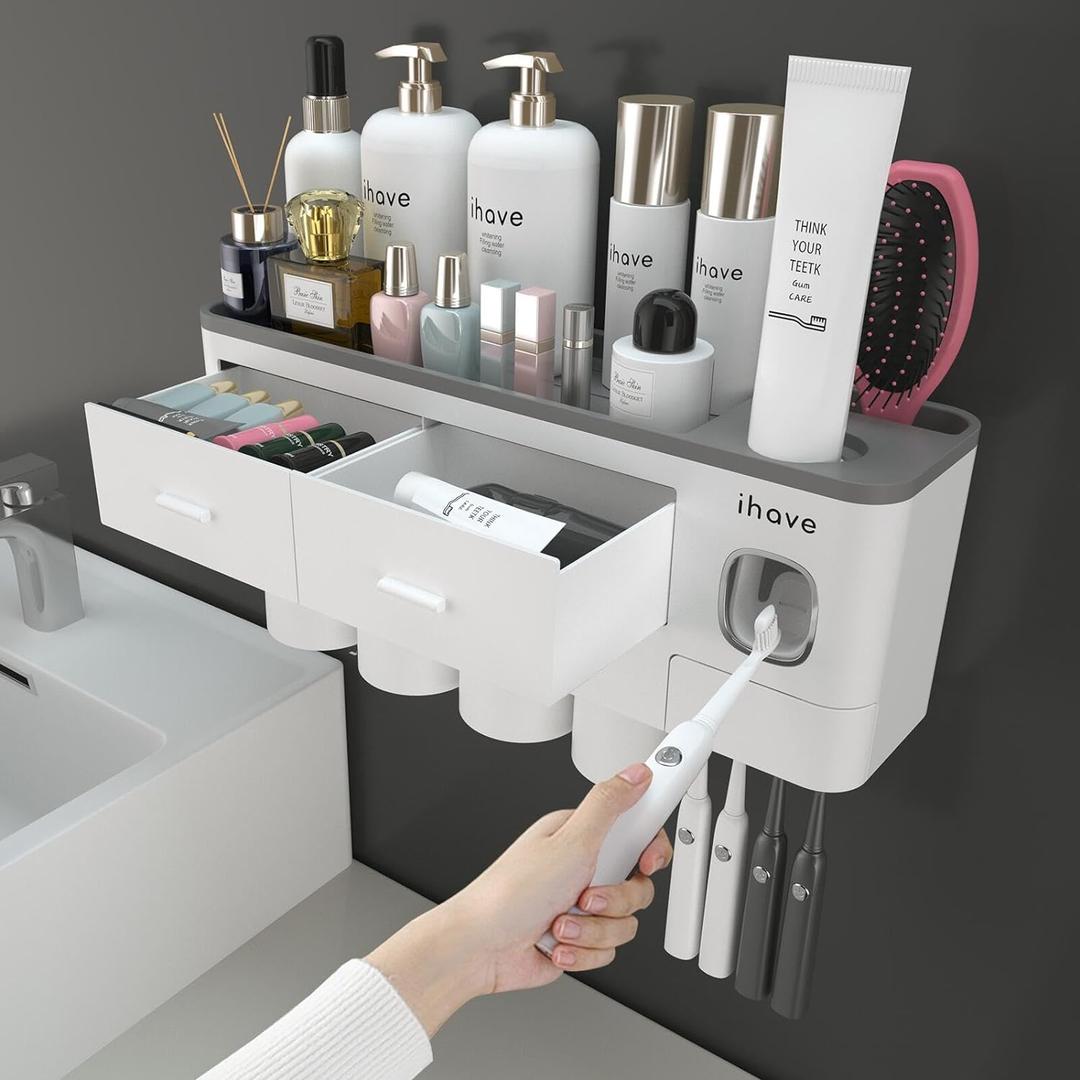 iHave Toothbrush Holders for Bathrooms, 4 Cups Toothbrush Holder Wall Mounted with Toothpaste Dispenser - Large Capacity Tray, 2 Cosmetic Drawer - Bathroom Organizer & Bathroom Accessories Set (White)