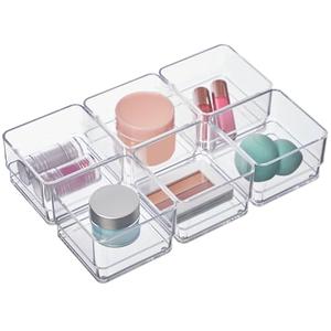 STORi Simple Stackable Clear Drawer Organizer Set  Square Trays | Small Makeup Vanity Storage Bins and Office Desk Drawer Dividers | Made in USA
