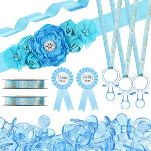 53 Pcs Baby Shower Favors for Boy Maternity Flower Sash Belt Blue Large Acrylic Pacifier Mom to Be Dad to Be Badge Pin It's a Boy Ribbon for Boy Baby Shower Gender Reveal Pregnancy Wedding