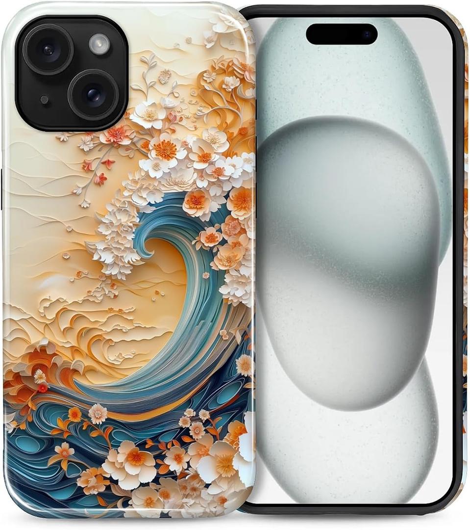 Compatible with iPhone 15 Plus Case, Hybrid 2-Layer Case Shockproof Anti-Scratch for Girl Women Boy Men, Floral Waves for iPhone 15 Plus