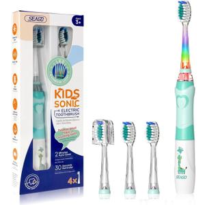 Kids Electric Toothbrush with 2 Minute Timer 30 Seconds Reminder and 4 Replacement Bursh Heads ,Color Led Lights ,24,000 Vibrations Boys Battery Power Toothbrush for Ages 4-12 Years(Green)