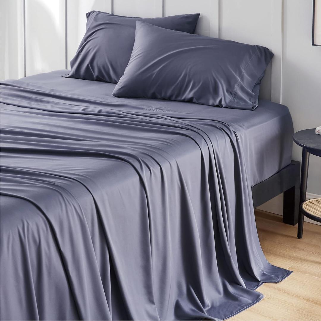 Bedsure California King Sheet Sets, Cooling Sheets, Rayon Derived from Bamboo, PureWoven, Breathable & Soft, Deep Pocket Up to 16 Inches, Hotel Luxury Silky Bedding for Hot Sleepers, Dark Grey
