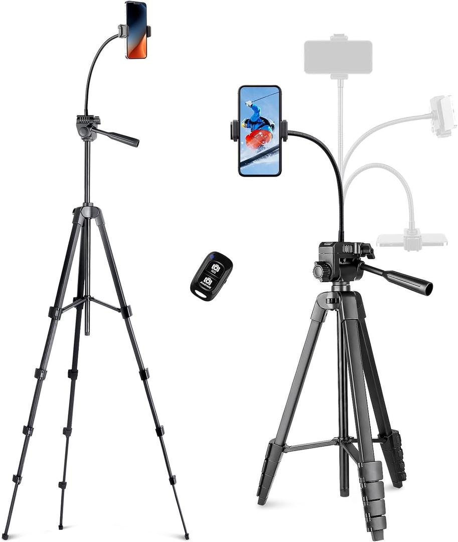 Aureday Phone Tripod, 82" Tripod for iPhone with Flexible Gooseneck, Wireless Remote and Phone Holder, Extendable Cell Phone&Camera Tripod Stand for Selfies/Video Recording/Live Streaming/Vlogging (Black)