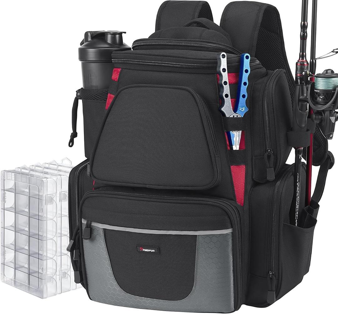 Piscifun Fishing Backpack with 2 Rod Holders & 4 Tackle Boxes, Large Tackle Storage Bag With Rain Cover for Fishing Gear (Black)