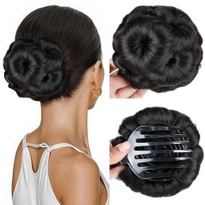 HANNE Hair Buns - Women's Fake Hair Bun Extension, Chignon, Pony Tail, Artificial Synthetic Tress Claw In Ponytail, Natural Black
