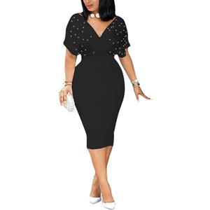 qfmqkpi Women Elegant Pearls Deep V Neck Wrap Bodycon Dress Back Zipper Pencil Midi Dress (XX-Large, Black)