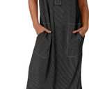 KIRUNDO Womens Summer Dresses 2026 Spring Ribbed Knit Henley Short Sleeve Maxi Dress Button Up Loose Beach Vacation Sundress (Black, M)