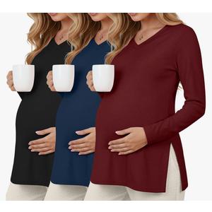 3 Pack Women's Thermal Maternity Shirts Fleece Lined Long Sleeve Tops Split Side V Neck Pregnancy Clothes XXL Red, Navy Blue, Black