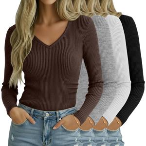 4 Pack Women Long Sleeve Shirts, 95% Cotton V Neck Ribbed Knit Tops Fitted Lightweight Basic Going Out Shirts (Medium, Black, White, Light Gray, Brown)