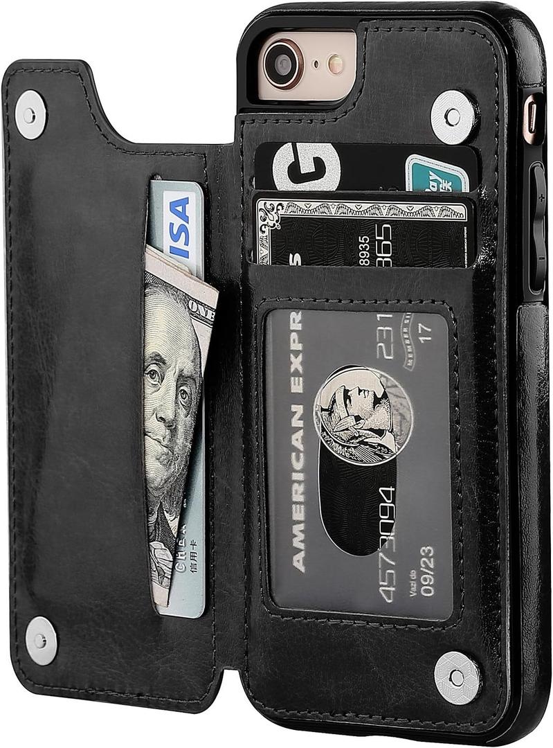 ONETOP for iPhone SE(2022)/SE(2020)/8/7 Wallet Case with Card Holder, Premium PU Leather Kickstand Card Slots, Double Magnetic Clasp and Durable Shockproof Cover 4.7 Inch(Black)