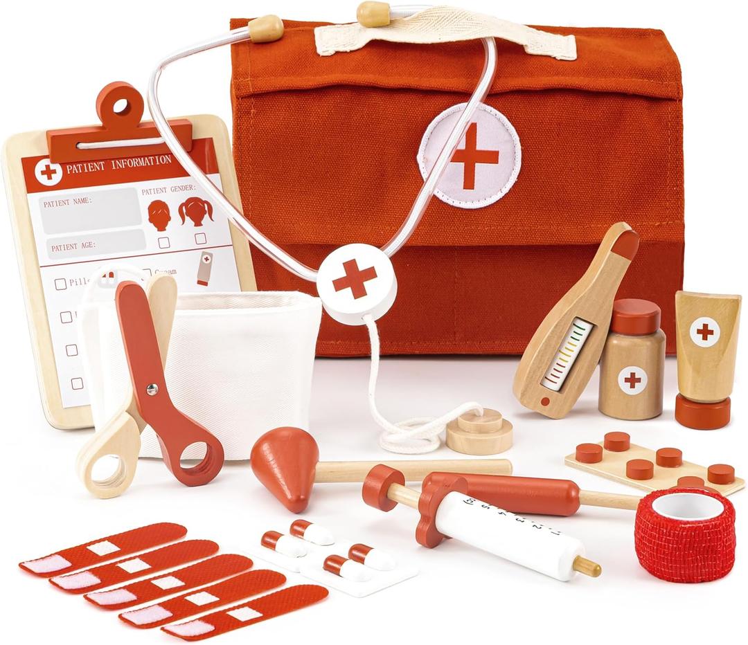 Wooden Doctor Play Set for Toddlers - A Complete Durable Pretend Play Medical Kit for Kids 3-5 with Realistic, Non-Toxic Tools & Carrying Case (Red)