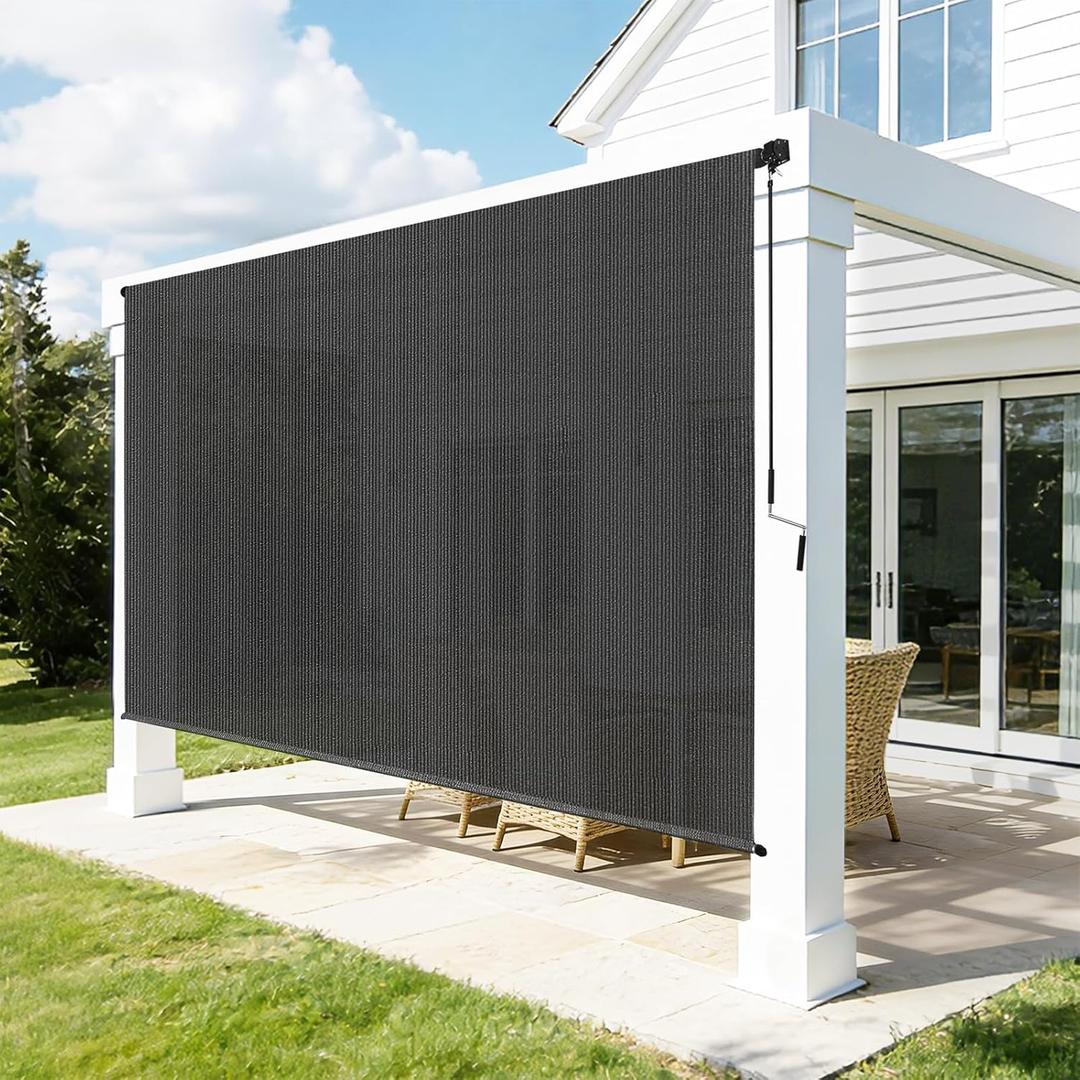 Outdoor Roller Shades for Patio, 8' W x 8' H Cordless Patio Shades Roll Up Outdoor Blinds with Splicing Design, 90% UV Protection for Porch Gazebo Pergola, 2 Poles & 1 Fabric, Gray (Grey)