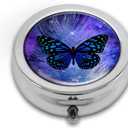 Pill Box,Butterfly Purple Galaxy Feather Round Pill Box 3 Compartment Decorative Pocket Purse Portable Mini Travel Medicine Tablet Vitamin Holder Organizer Pill Case