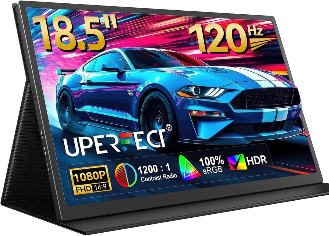 UPERFECT Portable Monitor 18.5 inch 120 Hz 100% sRGB 1080P Portable Screen for Laptop w/Smart Cover, VESA & Speakers, Frameless IPS HDR USB-C HDMI Port Gaming Monitor for Smart Phone, Tablet, MacBook