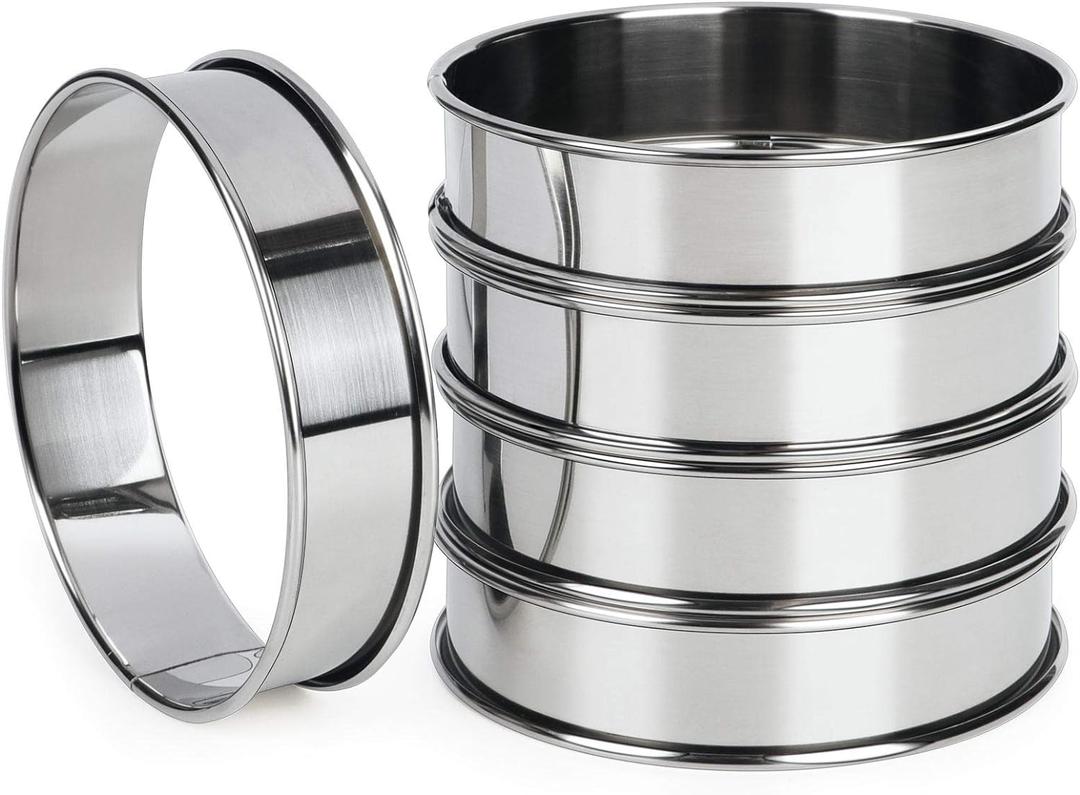 FANGSUN 4 Inch English Muffin Rings, Stainless Steel Crumpet Rings, Tart Rings for Baking, Double Rolled Nonstick Round Cake Ring, Metal Pastry Ring Mold for Dessert Food Making Tool
