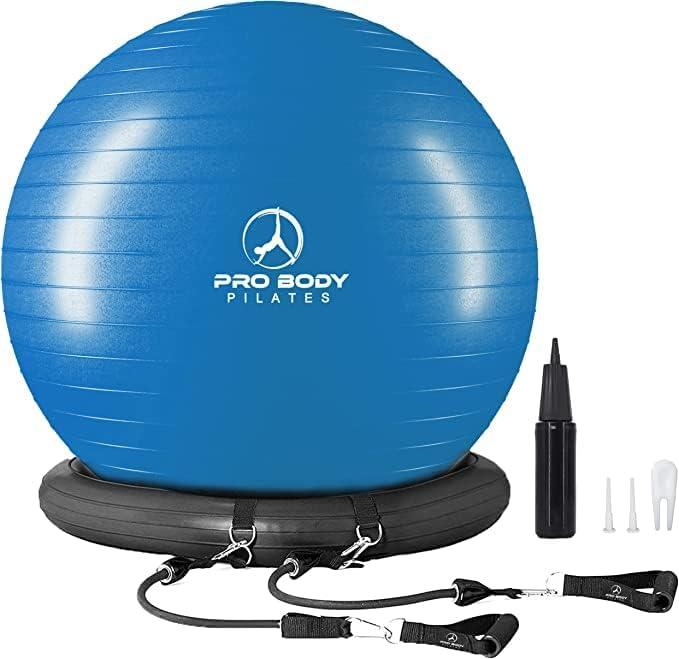 ProBody Pilates Yoga Ball Chair, Exercise Ball Chair with Base or Stand for Home Office Desk Sitting or Workout, 65cm Antiburst Balance & Stability Ball Seat, Large Gym Ball for Back, Abs , Blue With Bands 