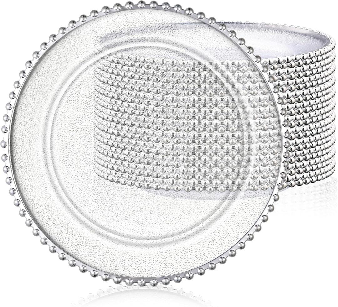 Hoolerry 12 Pack Clear Charger Plates Bulk 13 Inch Plastic Round Beaded Dinner Chargers Acrylic Frosted Grain Decorative Service Plates for Wedding Party Event, Home and Kitchen Tabletop (Silver)