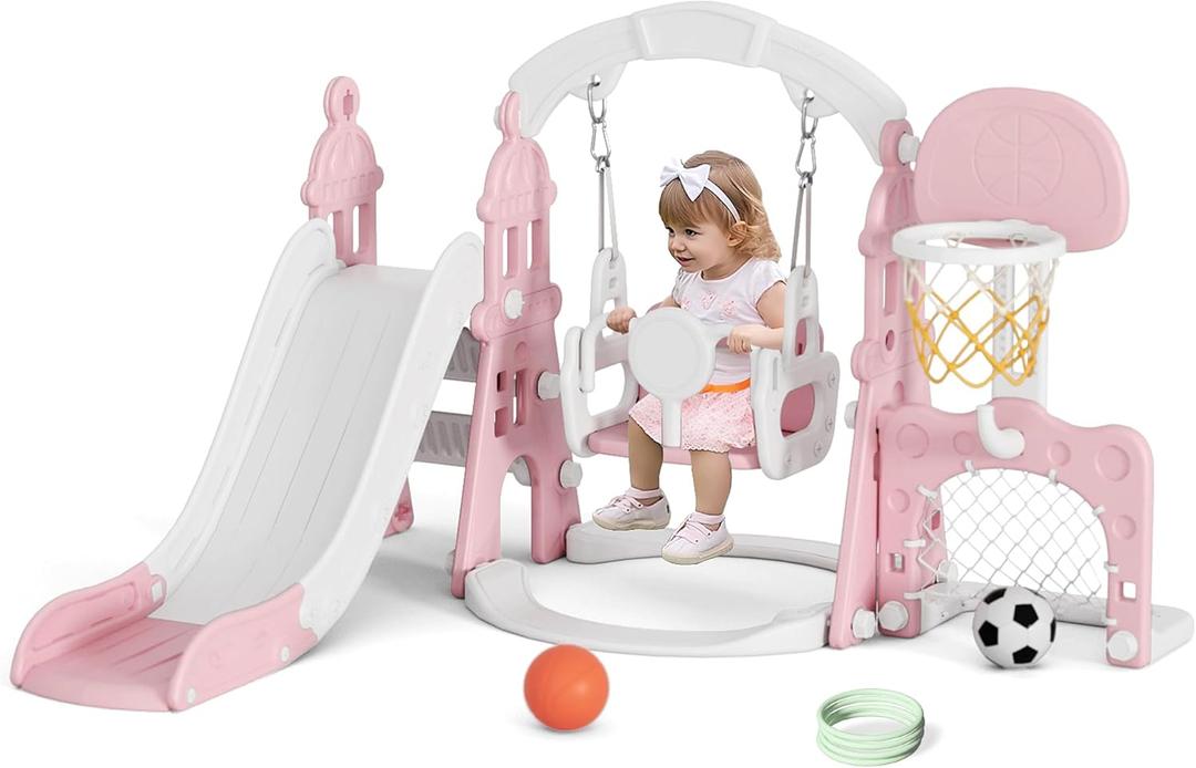 XJD 6-in-1 Toddler Slide and Swing Set, Kids Slide for Toddlers Age 1+, Toddler Outdoor Playset with Basketball Hoop, Football Frame, Swing, Outdoor Indoor Playground for Toddlers 1-3 (Pink) (Pink)