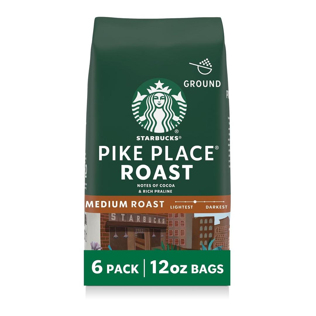 Starbucks Ground Coffee, Medium Roast Hot or Iced Coffee, Pike Place Roast, Six 12 oz Bags (EXP 11/09/26)