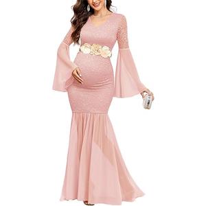 Aizwi Maternity Dress Baby Shower Long Bell Sleeve Floral Lace Contrast Chiffon V-Neck Mermaid Pregnancy Photoshoot Gown 2 XL