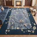 8x10 Area Rugs for Living Room, Oriental Floral Birds Large Washable Rug for Bedroom, Soft Low Pile Non Slip Carpet for Dining Room Kids Room Farmhouse Office Home Decor, Blue